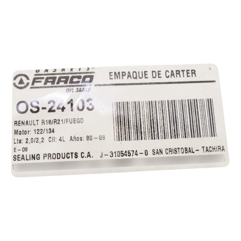 Renault Empacadura Carter R18, R21, Fuego 2.0, 2.2