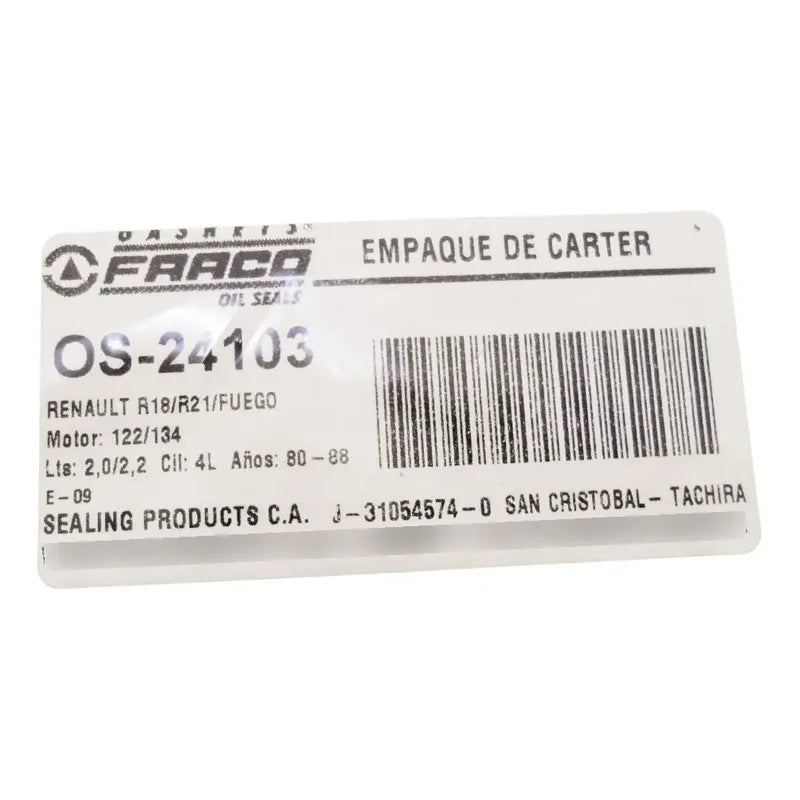 Renault Empacadura Carter R18, R21, Fuego 2.0, 2.2